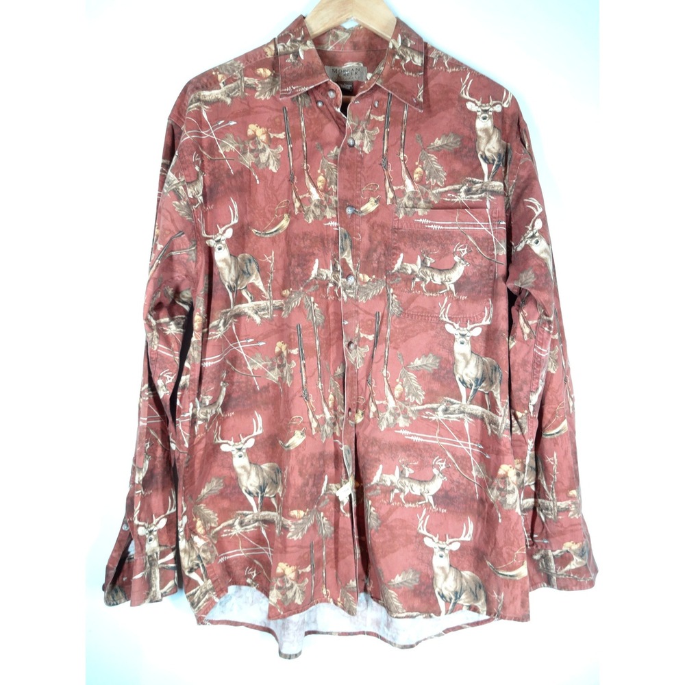 VTG Morgan Creek Button Down L Brown Deer Wildlife Print Hunting Rustic Shirt